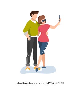 Guy and girl taking selfie. Couple in love. Flat vector illustration.