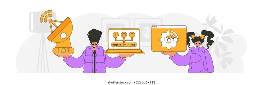 Guy and girl are a team in IoT vector modern char. style.