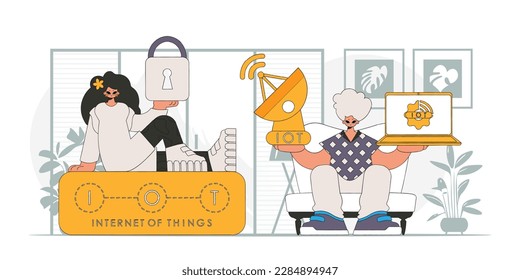 Equipo de personas y niñas para hacer personajes vectoriales modernos en la industria de Internet de las cosas.