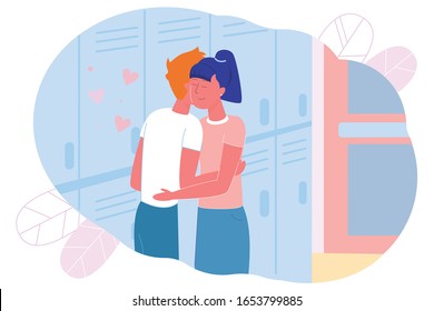 Guy And Girl, Teenagers Cuddling School Corridor. Schoolchildren, Guy and Girl Met at School near Students' Boxes and Hug Each Other. Relationship Development at School. Vector Illustration.