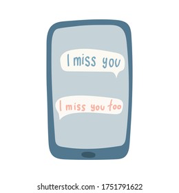 Guy and girl  texting on the phone with message window. Social net illustration. Concept of a mobile chat or conversation of people. Vector illustration. I miss you, Me too, Girlfriend, Boyfriend