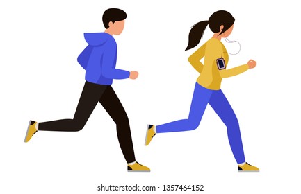 A guy with a girl in tracksuits went for a run. A couple of a man and a woman doing sports together. People participate in running competitions. Vector illustration.