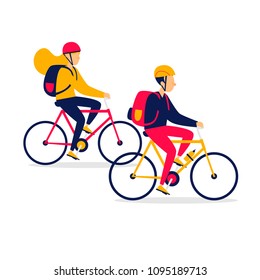 Guy and the girl are traveling by bicycles. Flat style vector illustration.