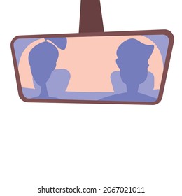 The guy and the girl are traveling in the car in the back seat as passengers and can be seen in the rear mirror. Purple. Vector illustration.