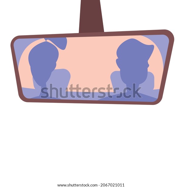 The guy and the girl are traveling in the\
car in the back seat as passengers and can be seen in the rear\
mirror. Purple. Vector\
illustration.