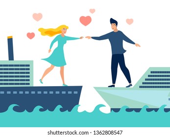 Guy and girl try to reach each other with their hands while standing on different ships. Huge love metaphor. Flat style. Cartoon vector illustration