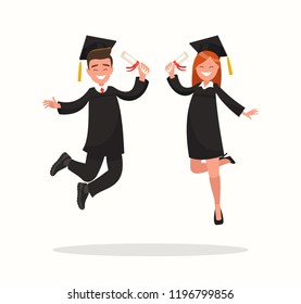 Guy and girl university graduates joyfully bounce.