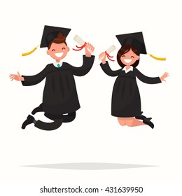 Guy and girl university graduates joyfully bounce. Vector illustration of a flat design