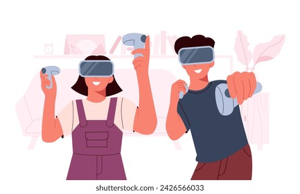 A guy and a girl are using virtual reality glasses for video games at home. Technologies. Vector illustration in flat style