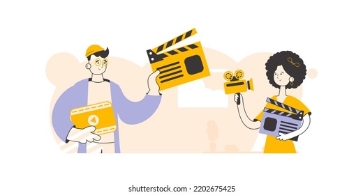 Guy and girl video bloggers. Linear style. Vector.