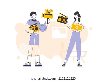 Guy and girl video bloggers. Trendy linear style. Vector.