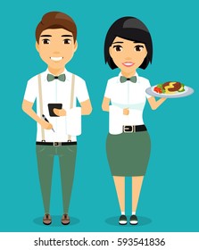 The guy and the girl waiters. Isolated on a blue background in cartoon style. A girl holds a tray, the guy holding a notebook and pen.