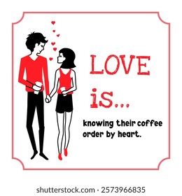 A guy and a girl walk holding hands and drink coffee. Romantic postcard. Love is...