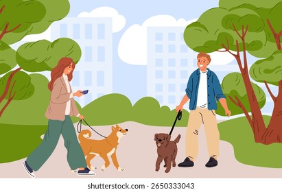 Guy and girl walk their dogs in summer city park. Urban streets stroll. People together with puppies outdoor. Domestics doggy animal at leash. Couple in nature. Pet