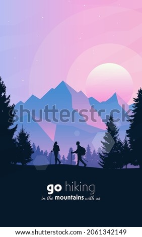 Guy and girl walking in mountains forest. Travel concept of discovering, exploring, observing nature. Hiking tourism. Adventure. Minimalist graphic flyer. Polygonal flat design. Vector illustration