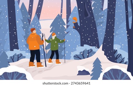 A guy and a girl are walking through a winter forest. A guy in a green jacket and orange shoes and a red hat. a blonde girl in a green jacket and winter boots. a pair with Nordic walking sticks. People have spotted a squirrel in the forest. winter forest.