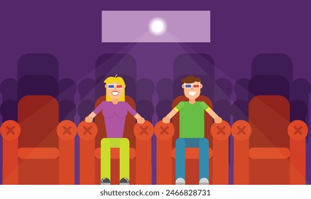 Guy and Girl Watching 3d Movie in Cinema. Entertainment and leisure time concept vector