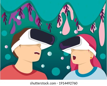 A guy and a girl are watching virtual reality glasses