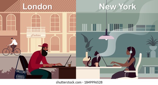 A guy and a girl who are living in different cities communicate via an Internet messenger on their laptops. Flat graphic vector illustration.