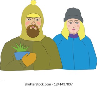Guy and the girl in winter clothes. Bearded guy with houseplant in his hands