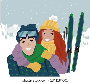 A guy and a girl in winter, skiing, mountain landscape, a happily married couple on vacation. Vector cartoon illustration. 