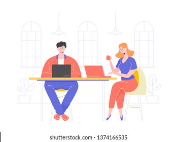 The guy and the girl work for laptops in a cafe or coworking. Designer and programmer organized a startup. Joint project, online training, web surfing, lunch break. Vector illustration.