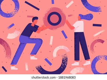 The guy and the girl work as a team, organize abstract figures in space scattered around them. Concept flat illustration of teamwork.