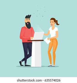 Guy and a girl are working in the office. Flat vector illustration in cartoon style.