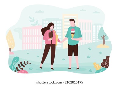 Guy and girlfriend enjoy ice cream in park. Girl eats popsicle in chocolate glaze. Guy bought gelato balls of different flavors. Couple walking in city garden with frozen desserts. Vector illustration