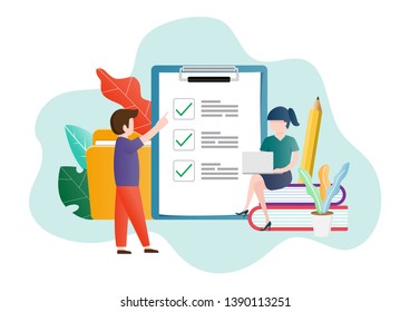 A guy with a girlfriend will Checklist and piles of books. The form for the survey. Vector illustration