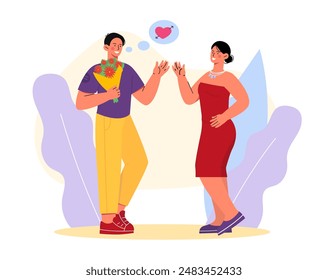 Guy give bouquet to girl. Man with bouquet in his hands near girl. Love and romantic relationships. Boyfriend and girlfriend with gifts. Valentines Day. Flat vector illustration isolated on background