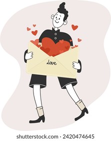 el tipo da un sobre con corazones, el día de San Valentín