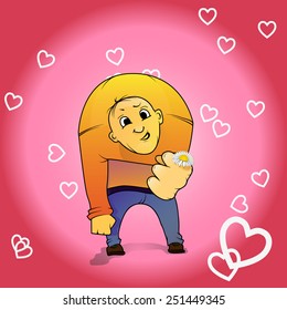 The guy gives a flower on a pink background made of hearts