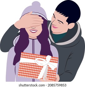 the guy gives a gift to the girl