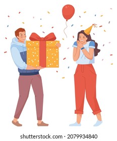 Guy gives gift to girl. Man with surprise congratulates woman on her birthday, vector illustration isolated on white background