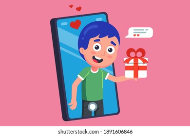 guy gives a gift online by mobile phone. flat vector illustration.