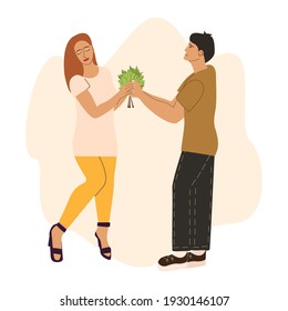 The guy gives the girl a bouquet of autumn leaves. Date of a couple in love. Vector illustration in flat style