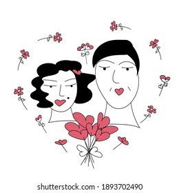 A guy gives a girl a bouquet of flowers in the heart and from flowers from hearts