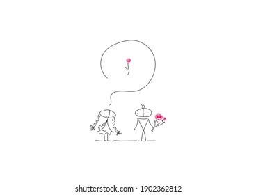 The guy gives the girl a bouquet of pink flowers. The girl is waiting for at least one flower. Characters are created in a linear style with a black line. Combined with brightly colored elements