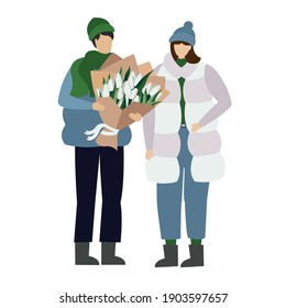 The guy gives the girl flowers. Bouquet of tulips. Festive, spring day. Vector illustration. Postcard.