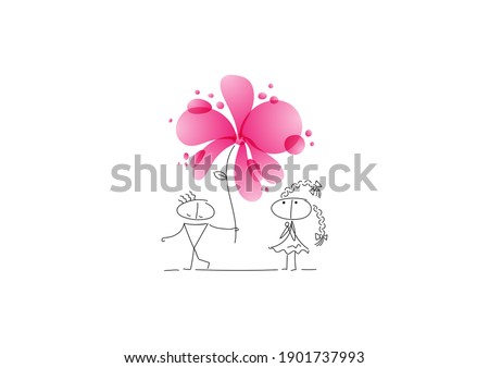 The guy gives his girlfriend a huge beautiful flower on Valentine's Day. Declaration of love. The characters are drawn in a linear style with black lines. Combines with bright elements.