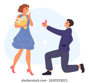 Guy dá um anel de menina alegre e pede a ela que se case com ele. Amado noivado do casal. Namorada jovem e namorado de joelhos propondo joias de casamento. Relacionamento de amantes