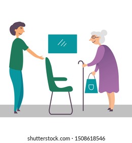 The guy gives way to a grandmother with a disability in public transport. The manifestation of kindness. Good deeds. Vector illustration