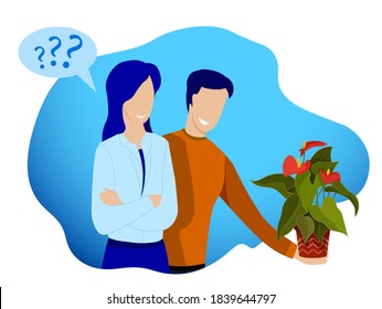 guy gives young girl, friend pot with indoor flower. Friendship between man and woman, family relationships. Gifts for no reason. Vector