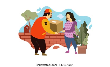 A Guy Giving Delivery Package to Customer, Vector Illustration In Isolated White Background, suitable for landing page, ui, web banners, mobile apps, print, news editorial, flyer, and event 