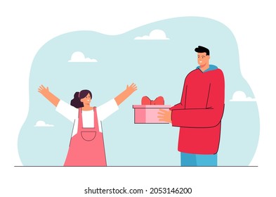 Guy giving gift box to excited girl. Man congratulating greeting smiling woman with birthday anniversary. Boy making present to happy girlfriend. Valentines day. Flat vector illustration.