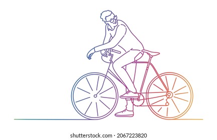 Guy in glasses with bicycle looks back. Rainbow color. Sketch vector illustration.