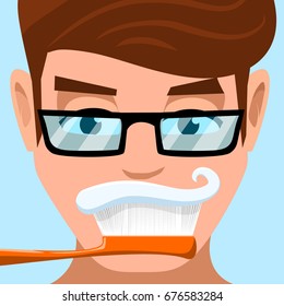 guy with glasses cleans his teeth. guy with the mustache. avatar. vector illustration