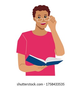 Guy with glasses holds books. Vector flat illustration