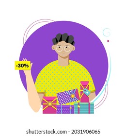 Guy with glasses holds discount coupon. vector illustration.